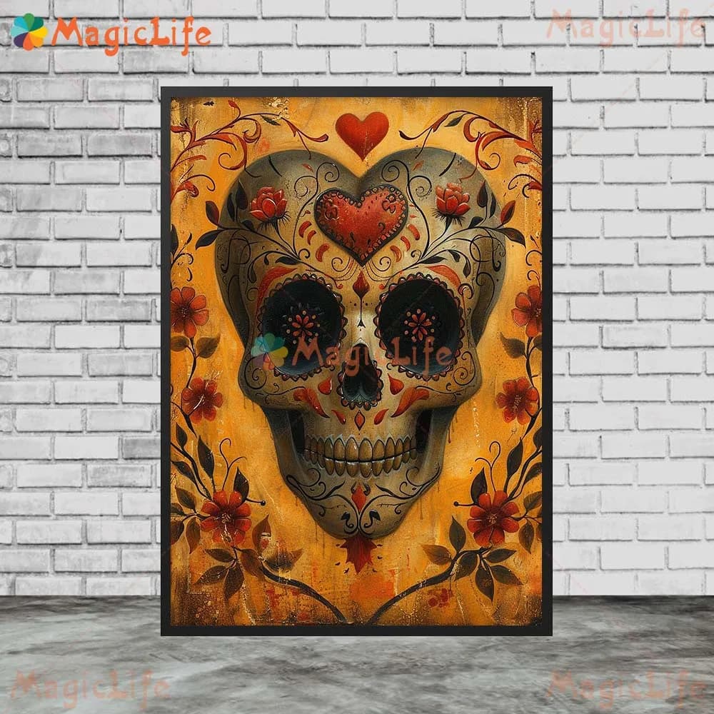 Affiches murales de crâne de fleur, le jour des morts au mexique, images murales pour salon, guitare, peinture sur toile d'art mural sans cadre
