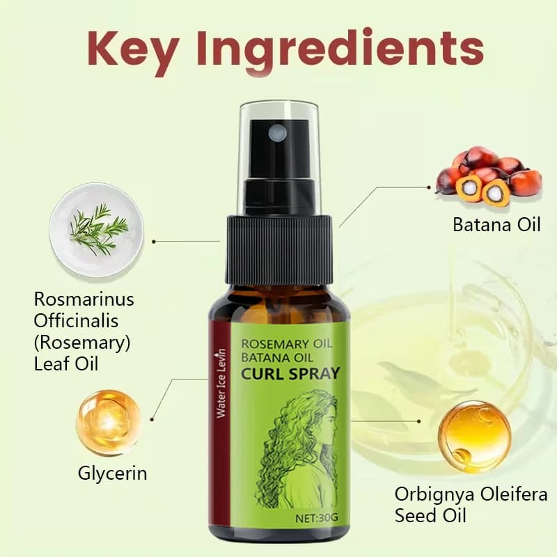 Spray pour cheveux bouclés à l'huile de romarin et à l'huile de batana. Huile de graines d'Orbignya Oleifera à base de glycérine. Définit les boucles, hydrate le cuir chevelu. Contrôle des frisottis e