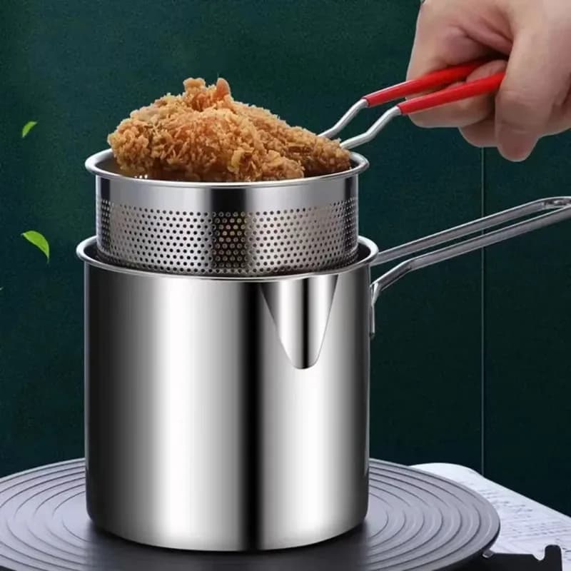 Petit Pot de friteuse en acier inoxydable de 1200ml, avec longue poignée et panier de passoire, économie d'huile pour cuisinière à Induction, cuisinière à gaz pour la maison