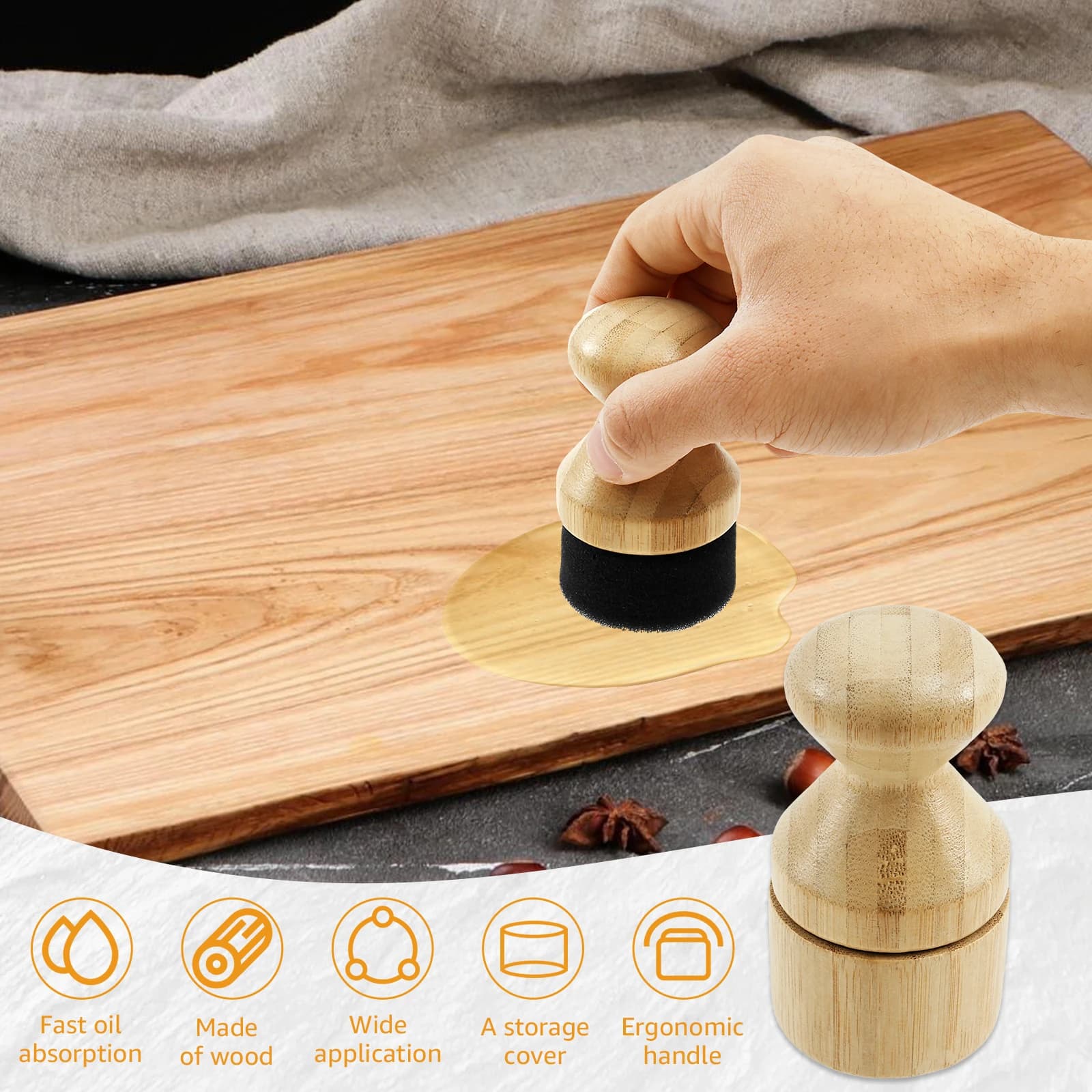 Planche à découper applicateur de cire d'huile applicateur d'huile minérale en bois avec couvercle et poignée ergonomique applicateur d'huile de bloc de boucher multi-rôle