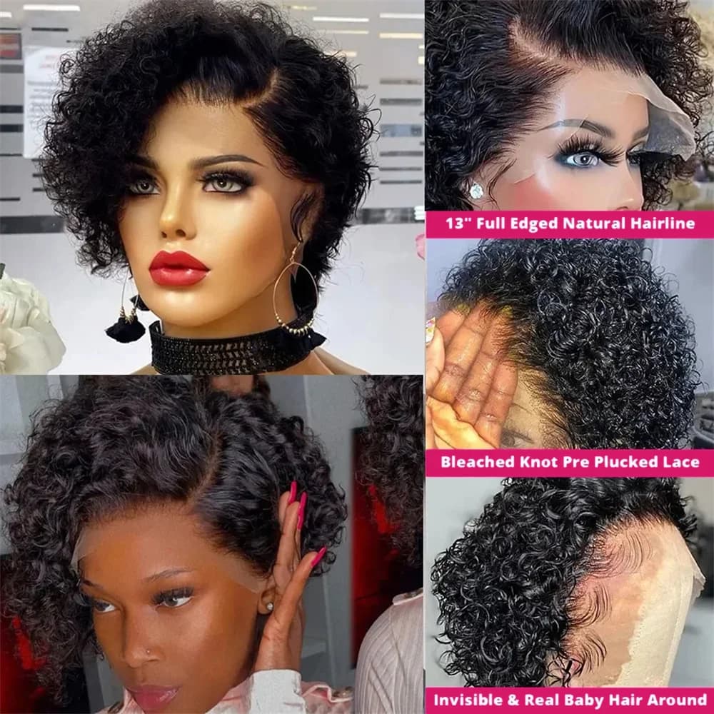 Perruque Lace Frontal Wig brésilienne bouclée, cheveux 100% naturels, coupe Pixie, 13x4, 13 × 1, Transparent, pour femmes noires