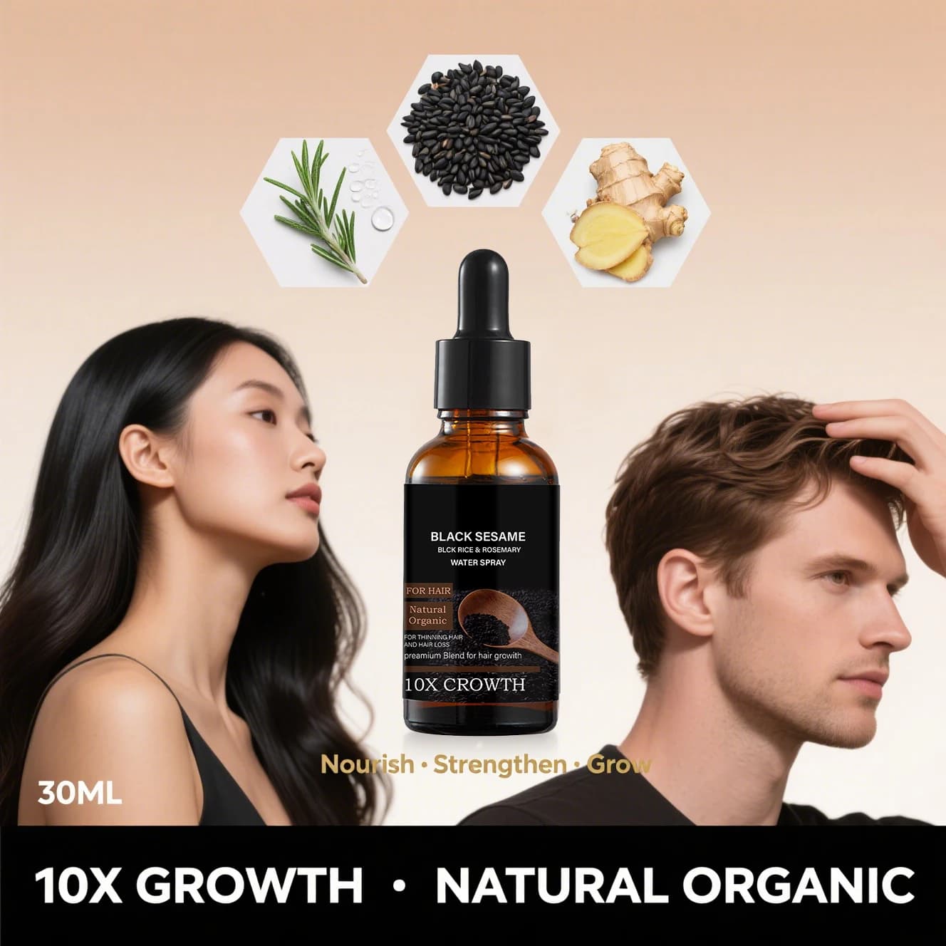 Sérum de croissance capillaire au sésame noir – 10X de croissance, extrait de romarin et de riz biologique, réduit la chute des cheveux, renforce l'amincissement des cheveux 30 ml