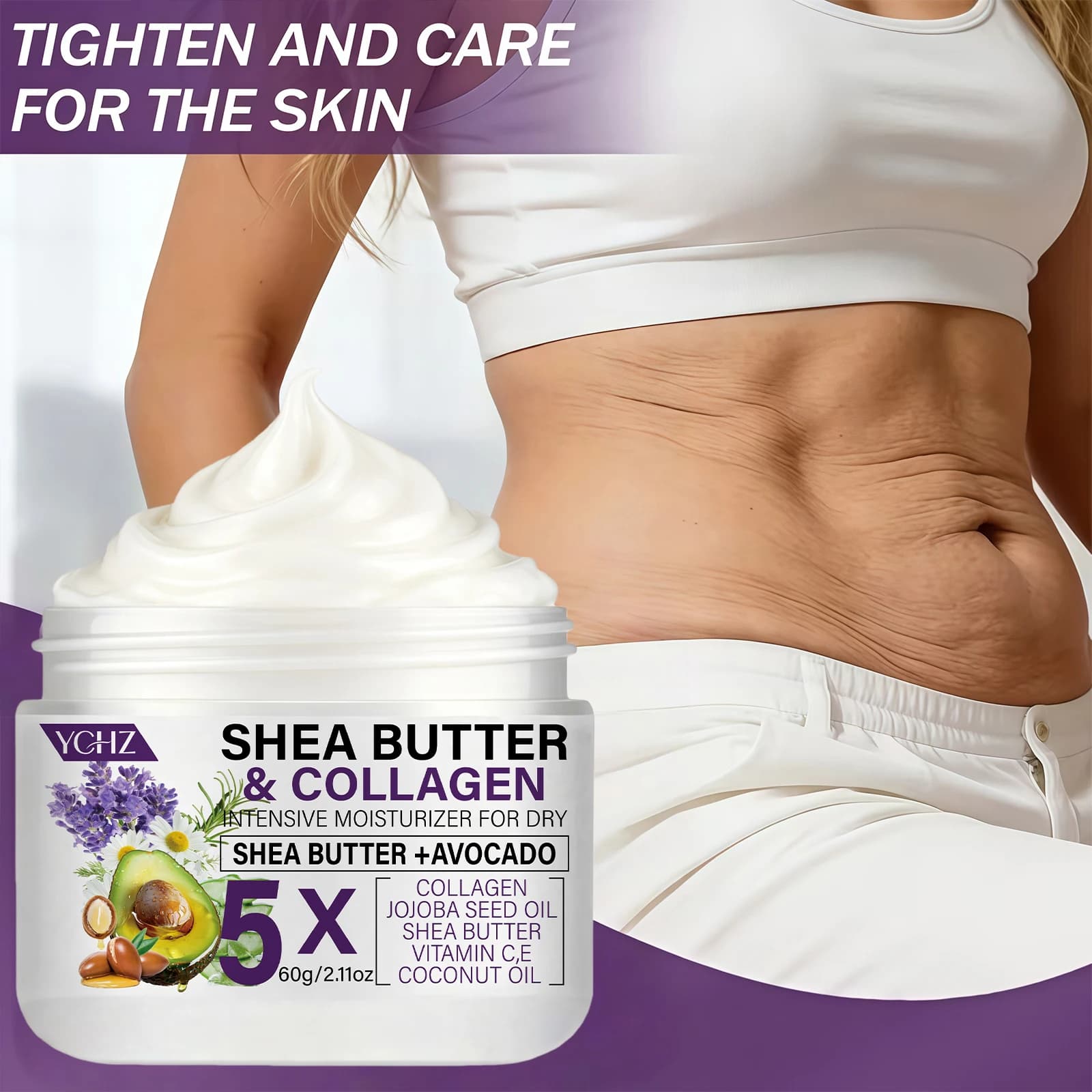 Crème raffermissante au beurre de karité et au collagène, crème raffermissante beige clair, adaptée aux cuisses, aux fesses, aux bras, à l'abdomen - et lotion pour le corps - 60G