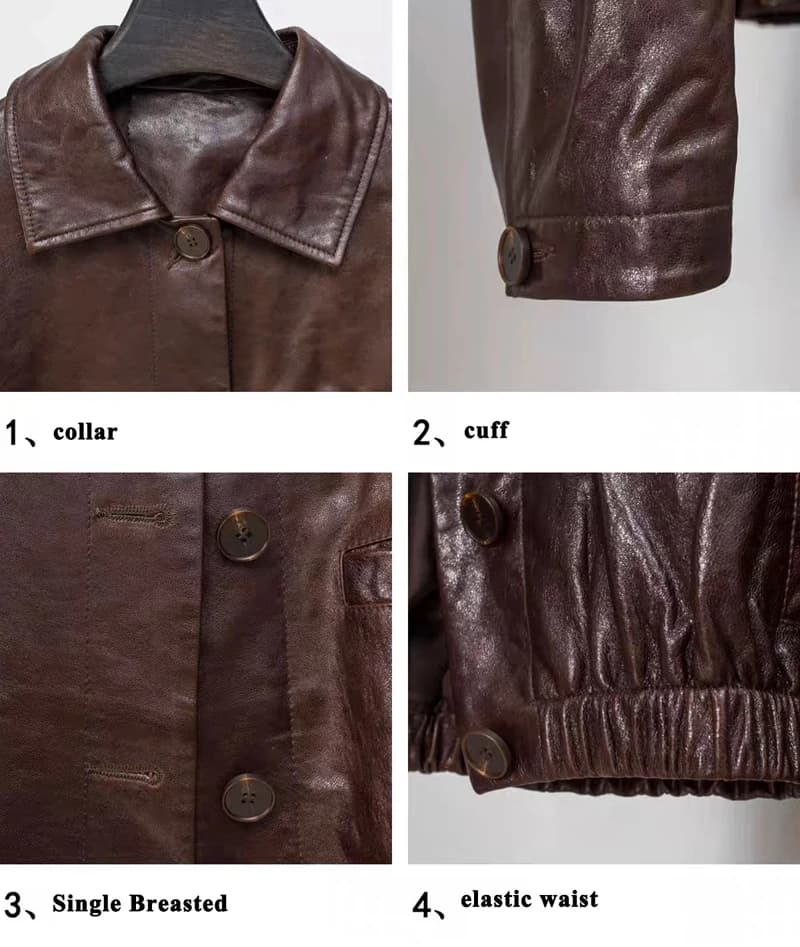 Veste en cuir de cire d'huile avancée pour Femmes automne hiver Femme 100% peau d'agneau col carré taille élastique manteau ample Vestes Femmes