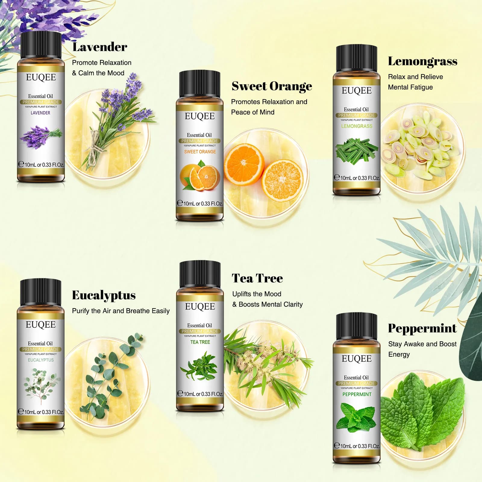 EUQEE 6 bouteilles d'huiles essentielles ensemble pour diffuseur bricolage savon fabrication de bougies-hortelle menthe poivrée lavande Orange douce citronnelle Eucalyptus