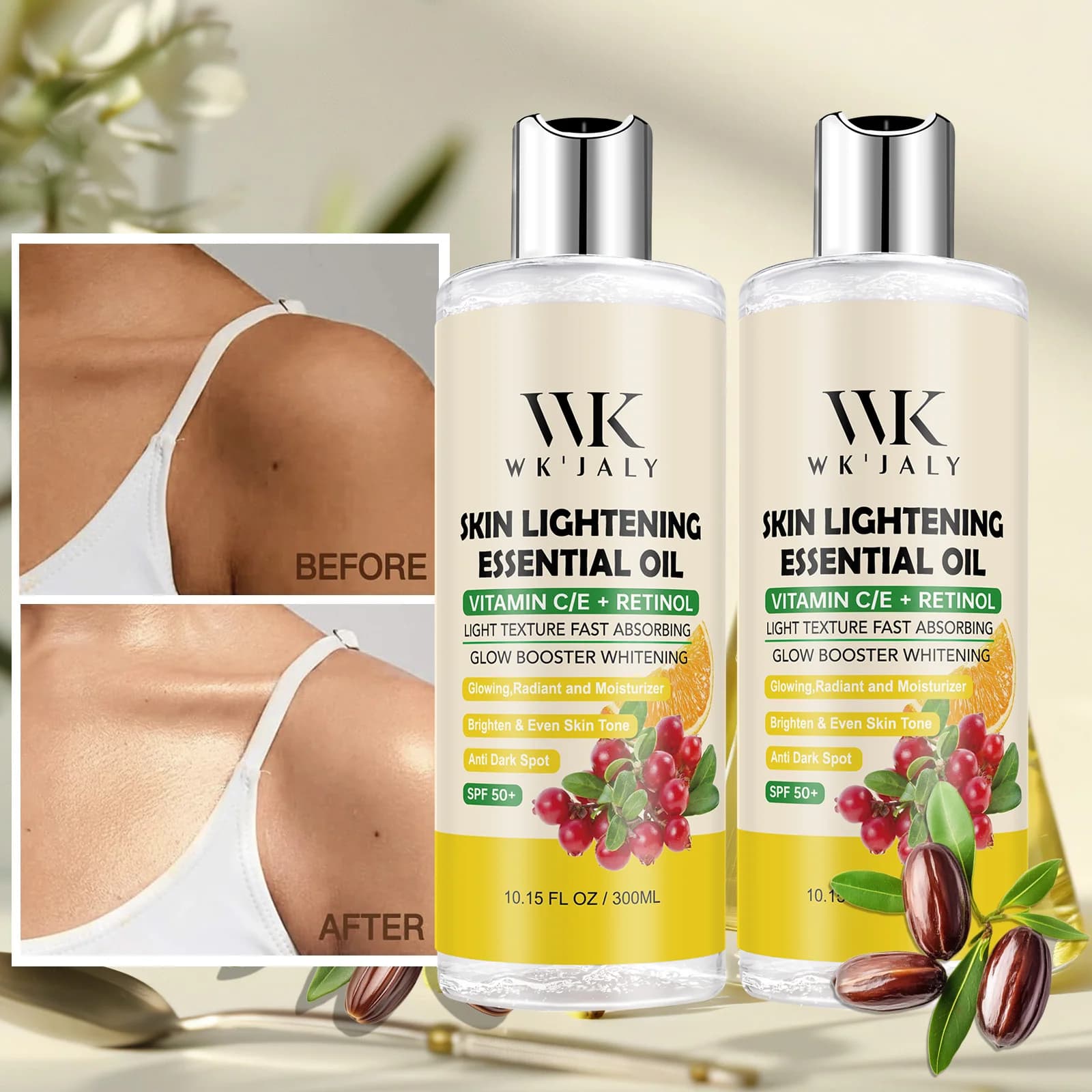 Huile pour le corps éclaircissante WK JALY, hydratation intense, hydratation, peau lisse, réduction des taches, mélanine, pour peaux foncées, noires, caramel