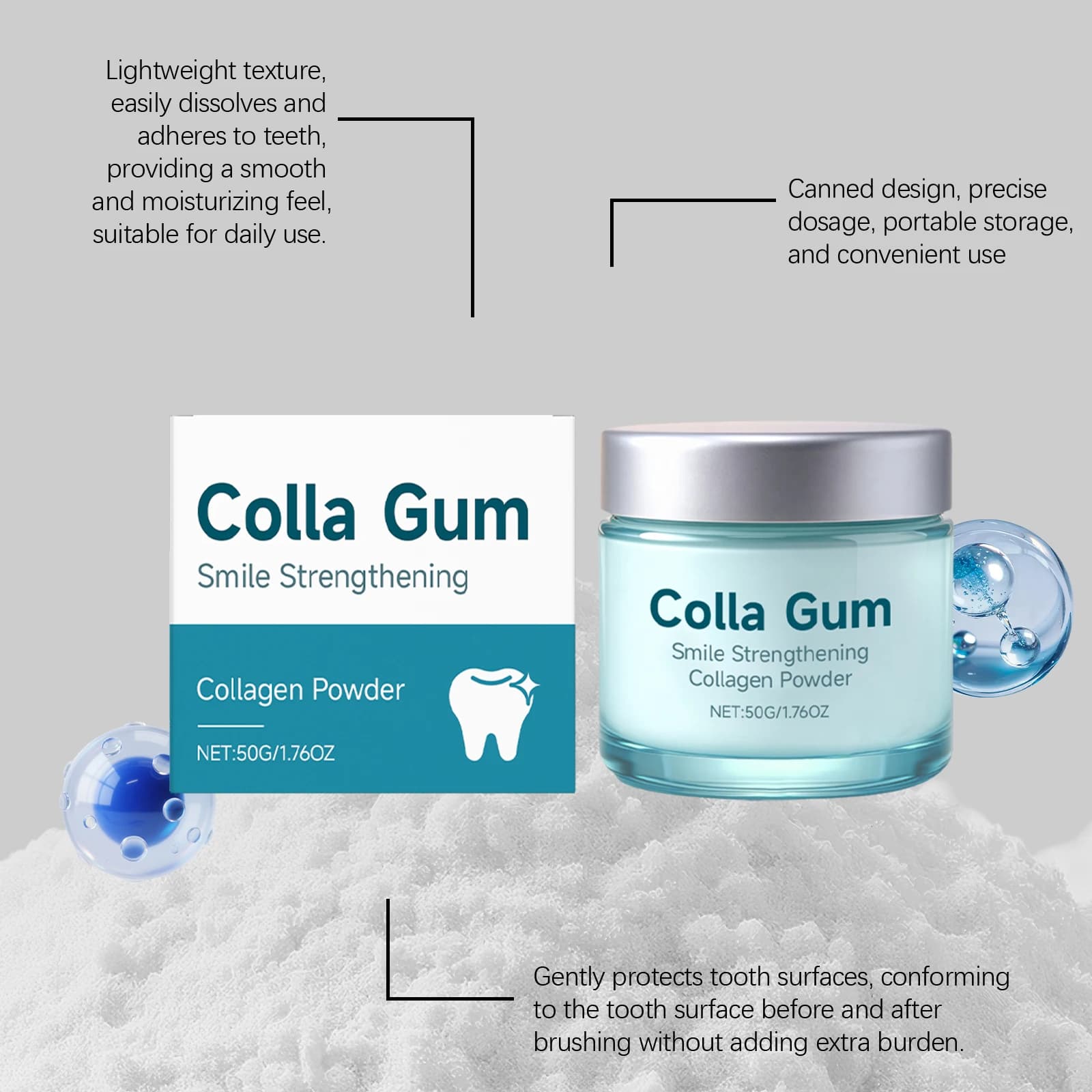 Poudre de Collagène pour les Dents : Apaise les Gencives, Rafraîchit l'Haleine, Soulage les Caries, Réduit le Jaunissement, Améliore la Beauté des Dents, Éclaircit les Dents