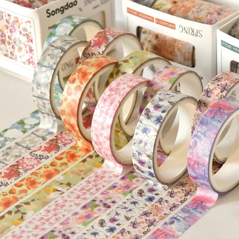 Lot de 5 rouleaux de ruban washi floral romantique en boîte – Adorable ruban décoratif frais pour étudiants, journal, scrapbooking, cadeau