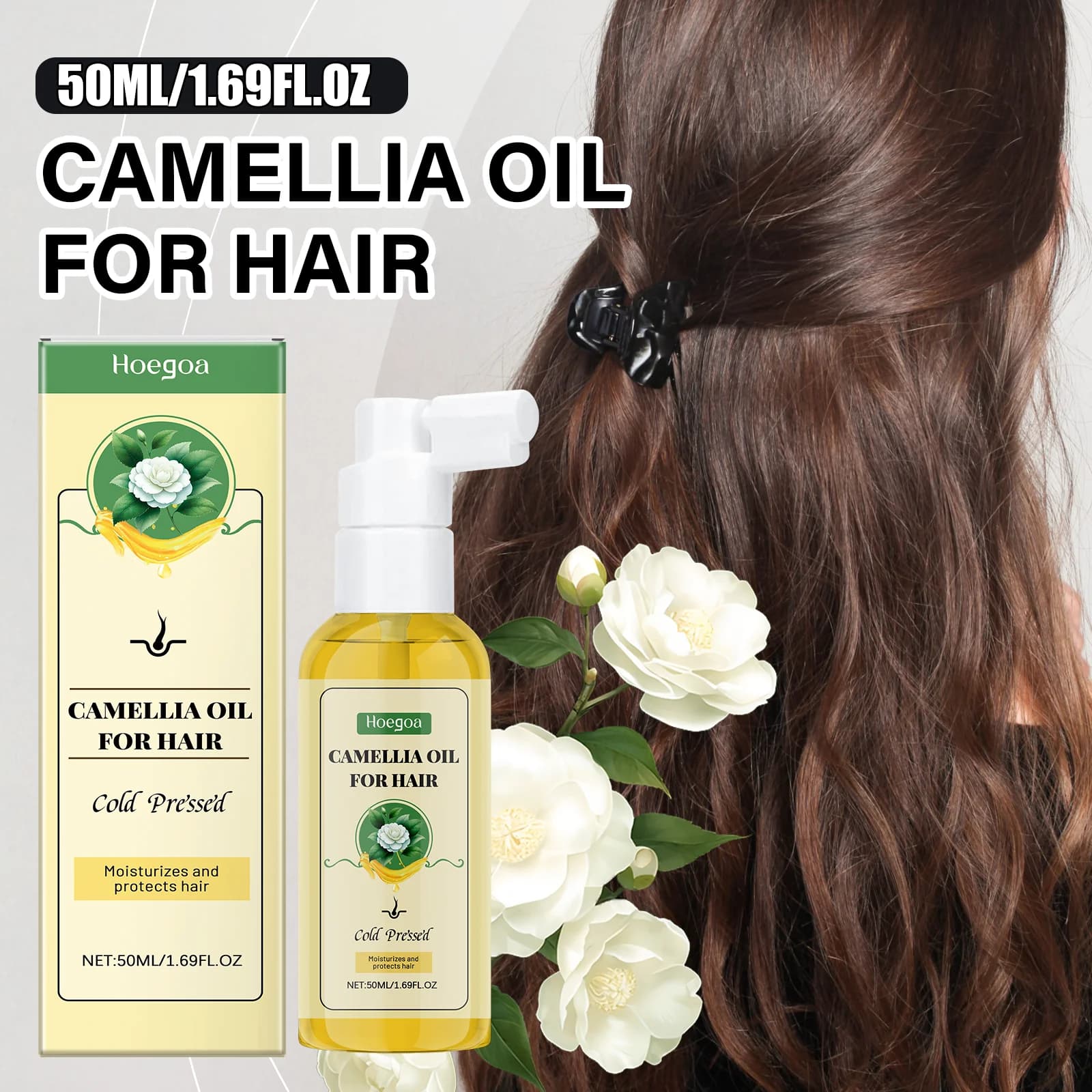 Spray réparateur d'huile capillaire de camélia, pour contrôle des frisottis secs et endommagés, après-shampooing nourrissant avec traitement capillaire à l'huile de graines de camélia
