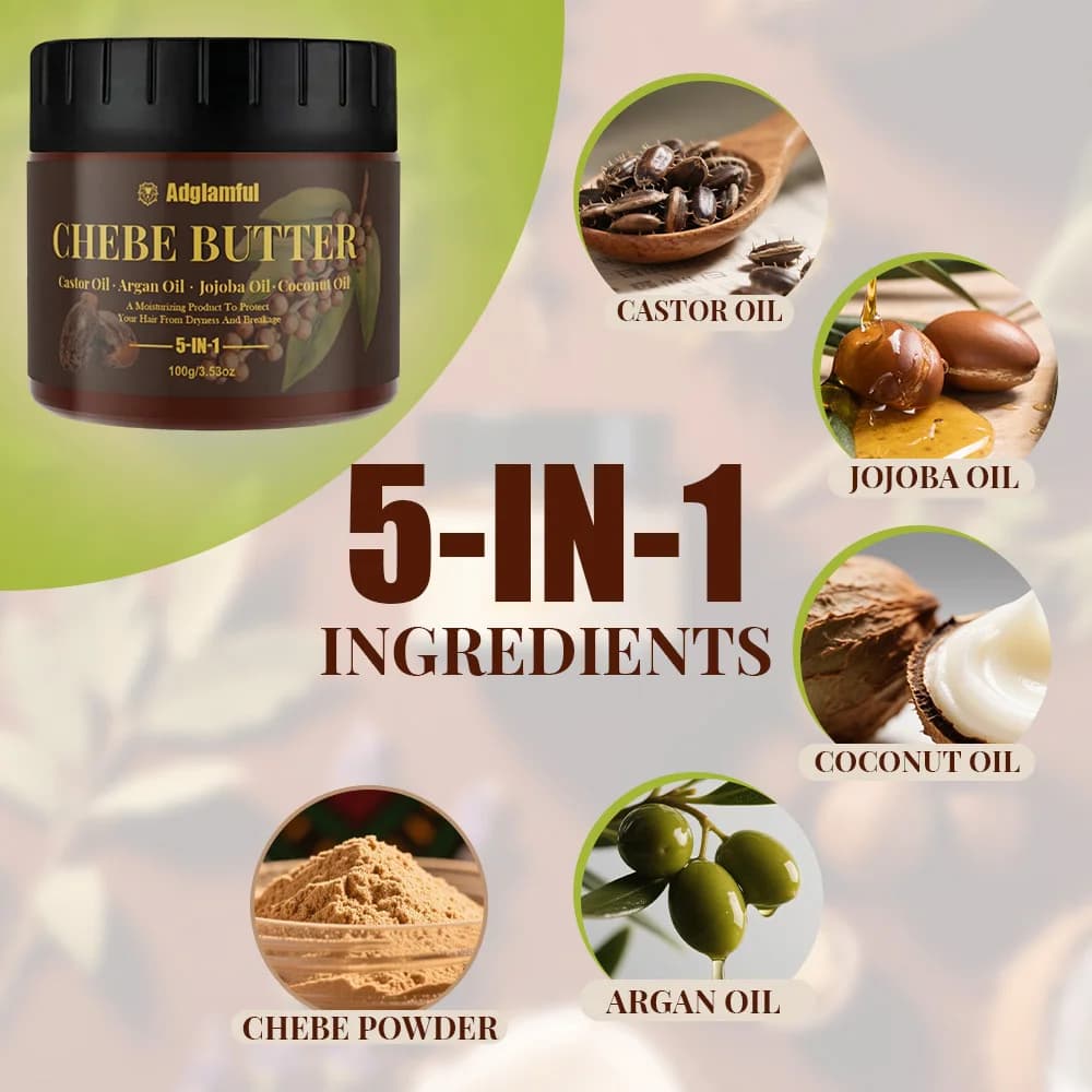Huile de Ricin 5-en-1 et Beurre de Chebe – Soin Professionnel pour Cheveux Forts et Anti-Casse – Hydratation Profonde