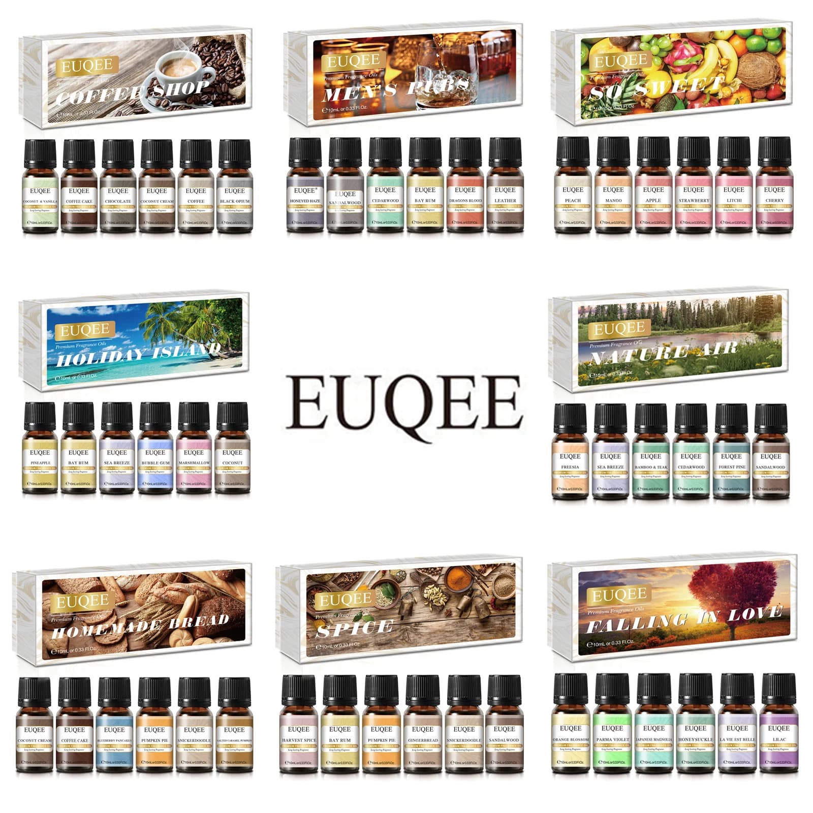 EUQEE 6 pièces/ensemble huile parfumée cadeau Kit pour diffuseur café boulangerie récolte épices citrouille tarte forêt pin fruits sucrés arômes huiles
