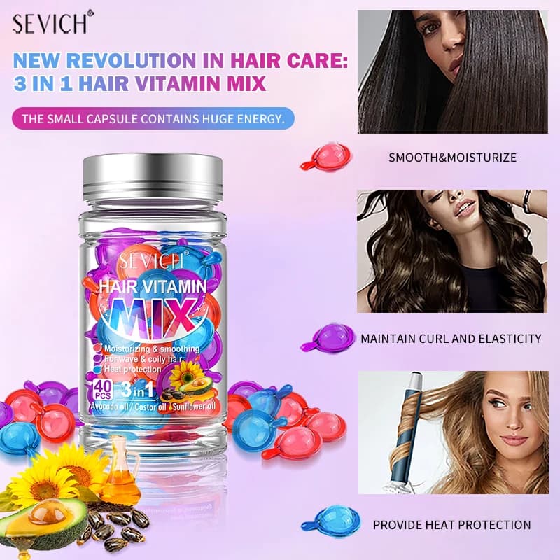 Capsules de Vitamine pour Cheveux Mélangés, Soin Capillaire Réparateur, Maltraité, Frisé, Soyeux, Hydratant, Lissant, Nourrissant, 40 Pièces