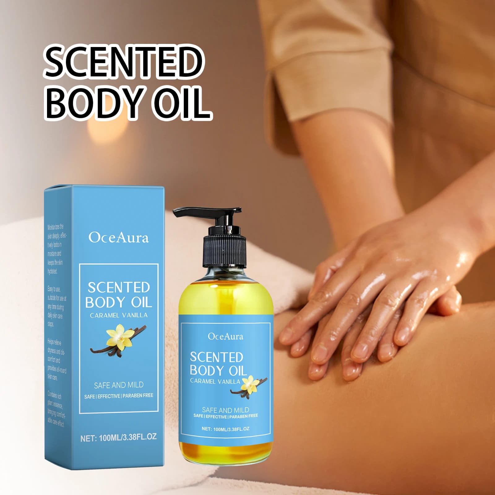 Huile de massage pour le corps à la vanille caramel, hydratante, nourrissante, lissante, soin de la peau, soulagement du stress, relaxation musculaire, huiles de spa pour le corps