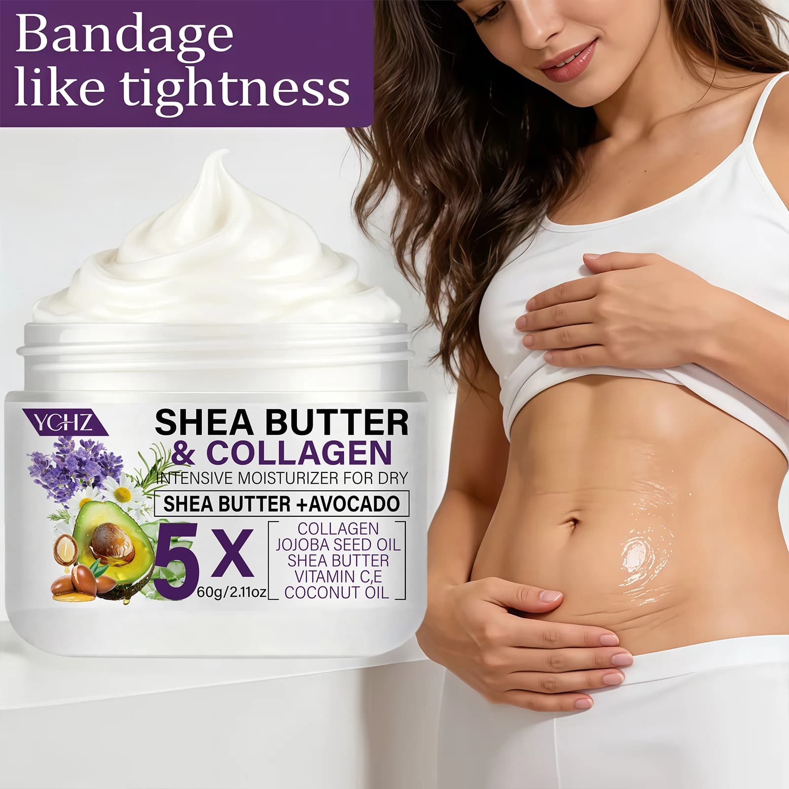 Crème raffermissante au beurre de karité et au collagène, crème raffermissante beige clair, adaptée aux cuisses, aux fesses, aux bras, à l'abdomen - et lotion pour le corps - 60G