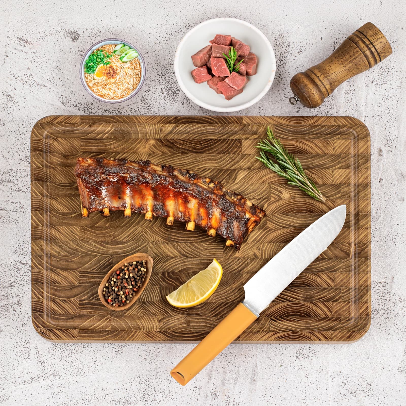 Planche à découper en teck de grain d'extrémité pour la cuisine, bois durable avec rainures de jus, poignées pré-huilées et faciles à saisir