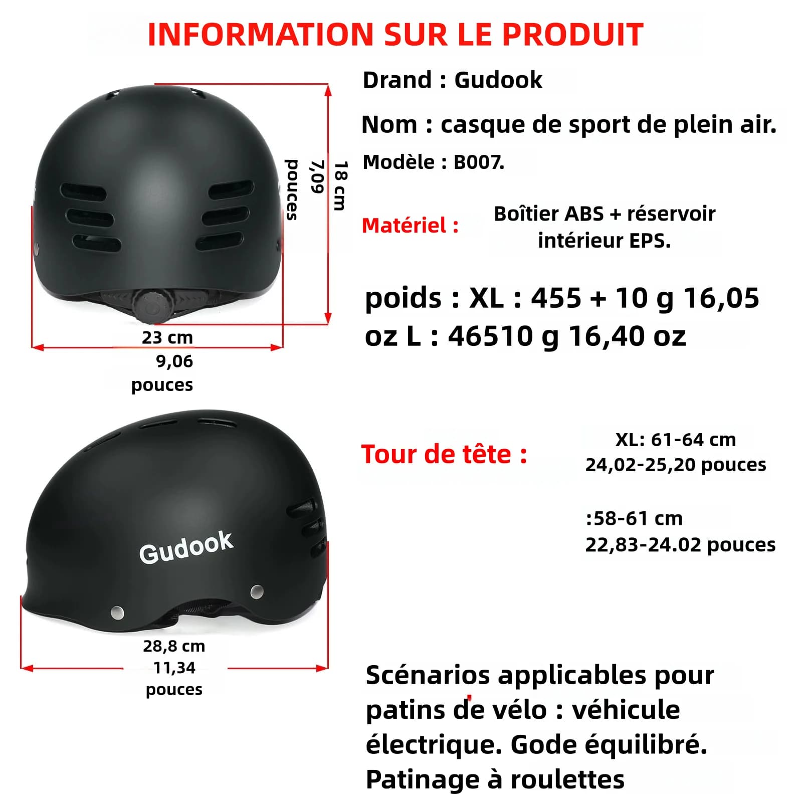 Casque de vélo pour adulte pour vélo, cyclisme, patinage, skateboard, casque de très grande circonférence de la tête L 58-61 cm et XL 61-64 cm