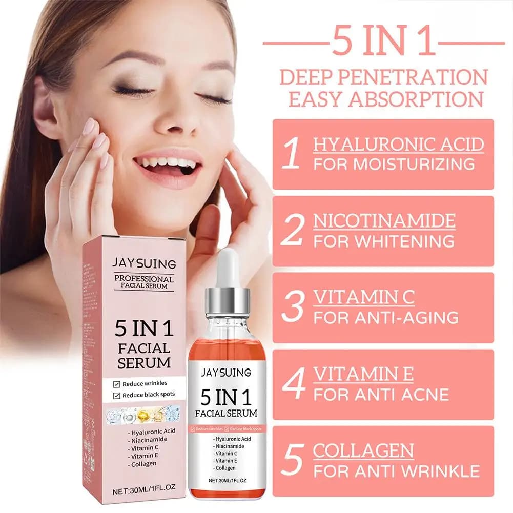Sérum pour le visage raffermissant 5 en 1, estompe les ridules, hydratant, éclaircissant, vitamine C, acide hyaluronique, rétrécit les Pores, soins pour la peau