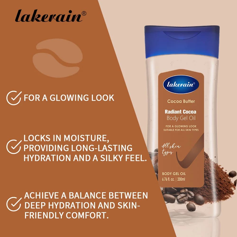 Huile de Gel pour le corps au cacao rayonnante, hydratation hydratante pour les soins de la peau sèche, traitement au beurre brillant, soin nourrissant pour la peau du corps