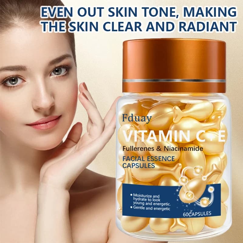 Capsules de sérum à la vitamine C+E, capsules d'essence à usage unique, hydratantes et nourrissantes pour la peau du visage, 60 capsules/flacon - 1 flacon