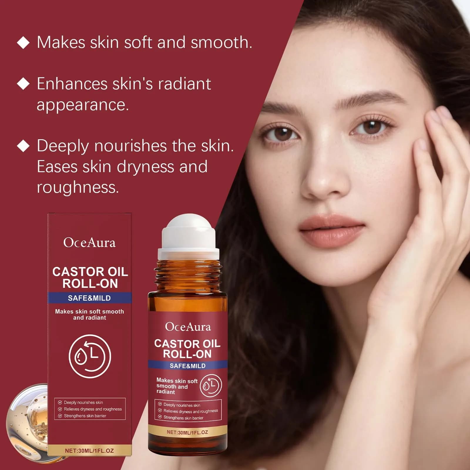 Sérum Roll-On à l'Huile de Ricin Naturelle, Hydratant, Lissant et Apaisant pour la Peau, Bille de Massage, Hydratation et Nutrition, Soin du Visage 30ml