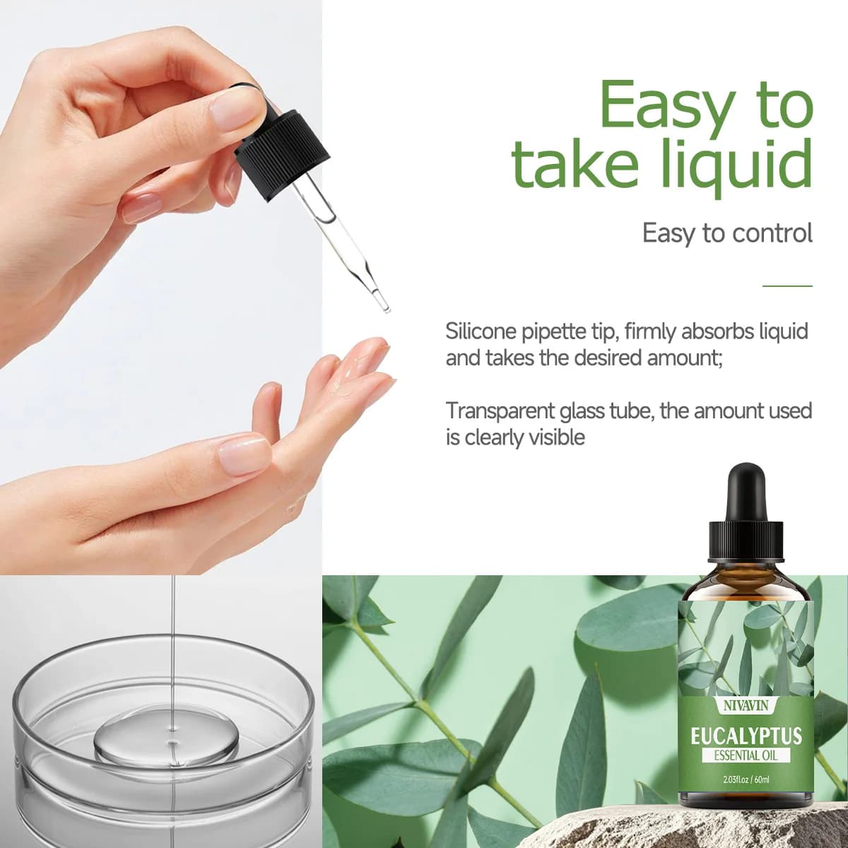 NIVAVIN 30 ml/60 ml extrait de plante d'eucalyptu huile essentielle de soin de la peau du visage, parfum riche et durable, soin du corps hydratant