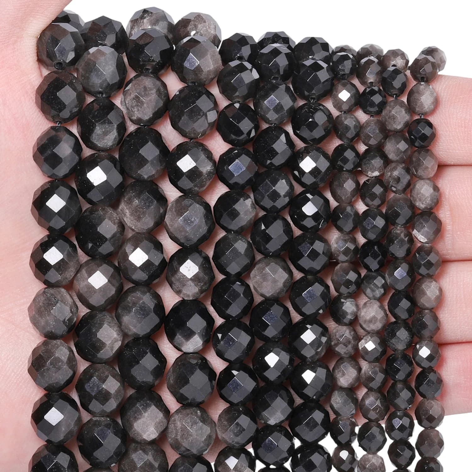Perles en pierre d'obsidienne couleur argent naturel, 6, 8, 10 mm, facettées, rondes, pour la fabrication de bijoux, accessoires de perlage DIY