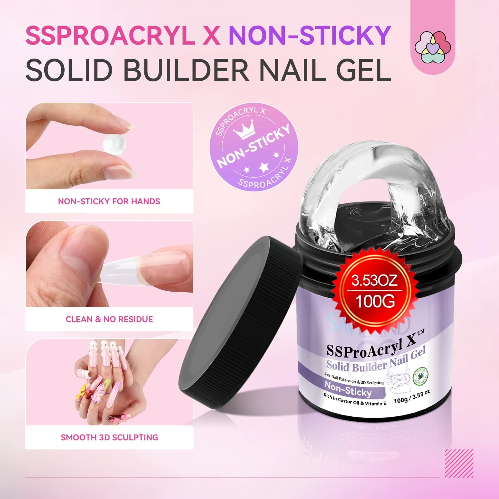 SAVILAND 100g Gel pour ongles solide Gel dur non collant avec huile de ricin VE pour sculpture et décoration d'art d'extension d'ongle 3D
