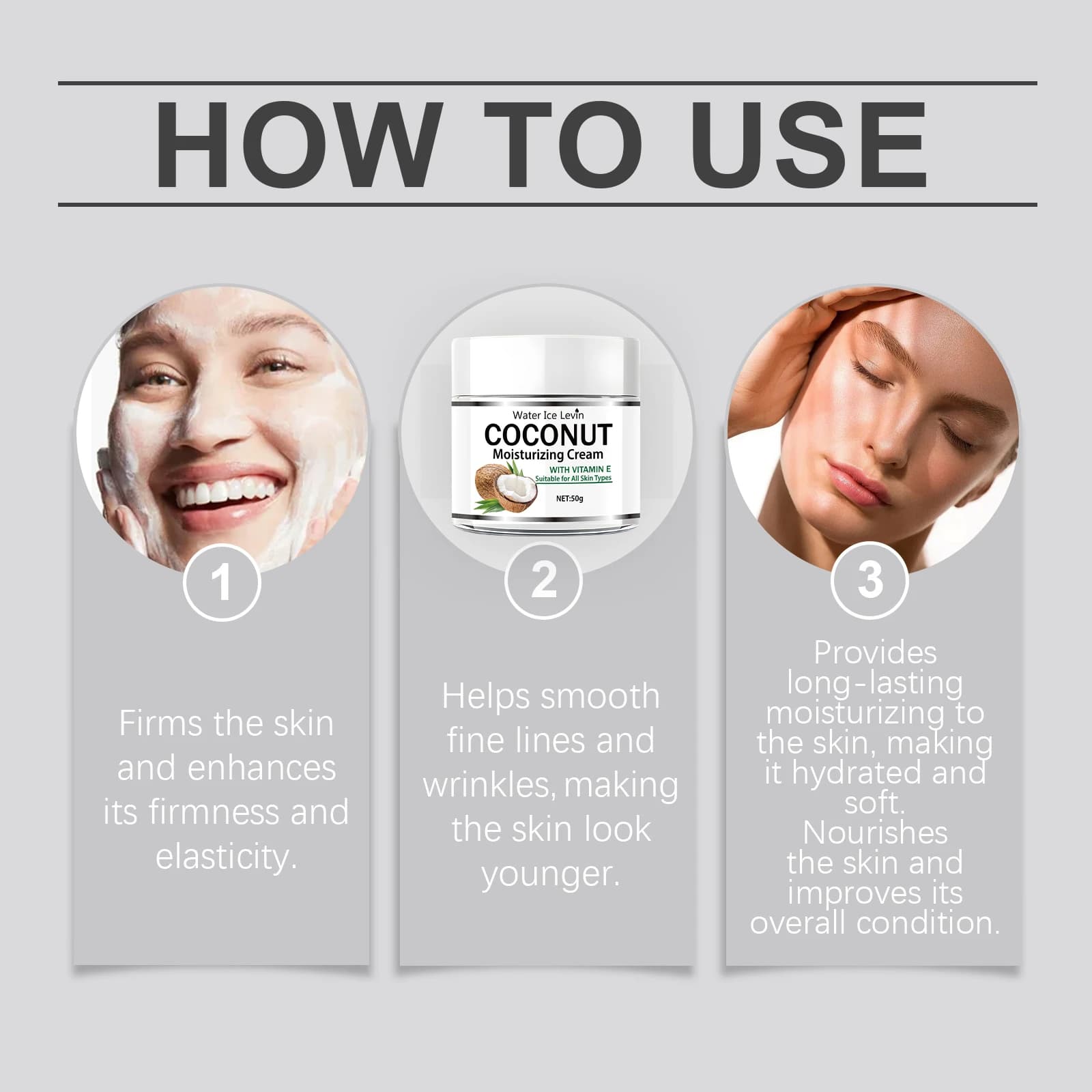 Crème hydratante à l'huile de noix de coco 50g | Collagène et vitamine E | Sans alcool | Convient à tous les tons de