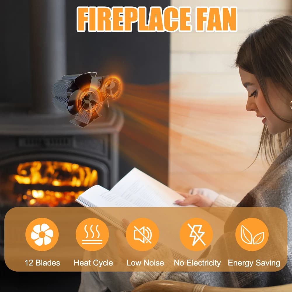 Ventilateur de poêle à bois alimenté par la chaleur, double moteurs silencieux, 6 pales, ventilateur de cheminée Non électrique activé par la chaleur avec support et thérapie magnétique