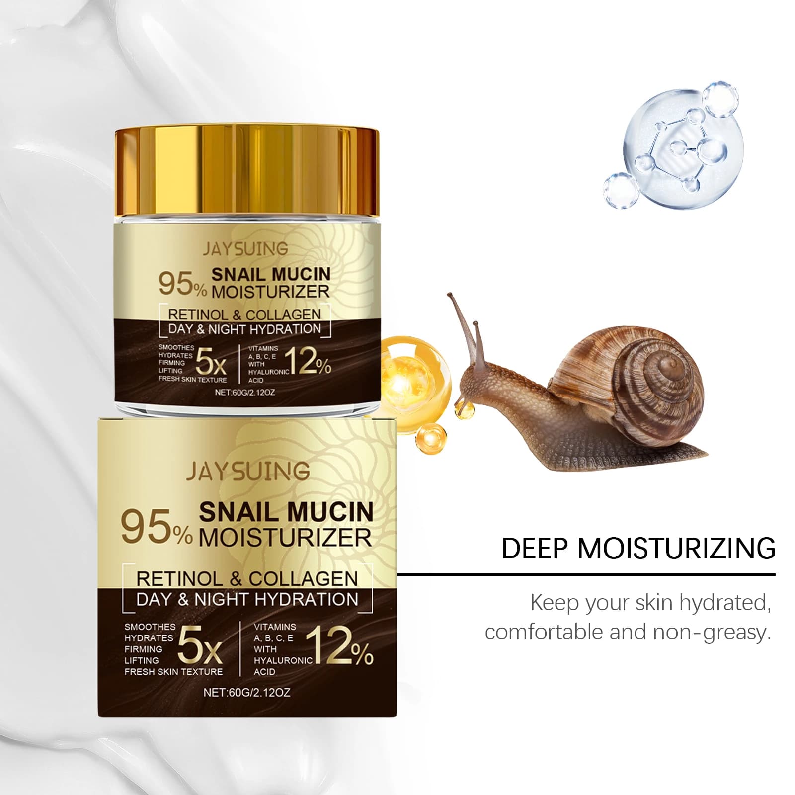 Crème hydratante à Mucin d'escargot, rajeunissante au collagène, Anti-âge, rides, lifting ferme, éclaircissante, acide hyaluronique au rétinol, crème de jour et de nuit, 95%