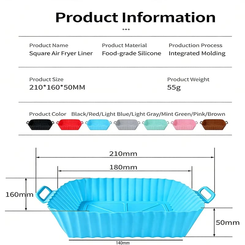 Plateau de pot de friteuse à air en silicone avec poignée, plaque de cuisson de friteuse à air carrée, revêtement de friteuse à air réutilisable pour la cuisson de cuisine 1 pièce