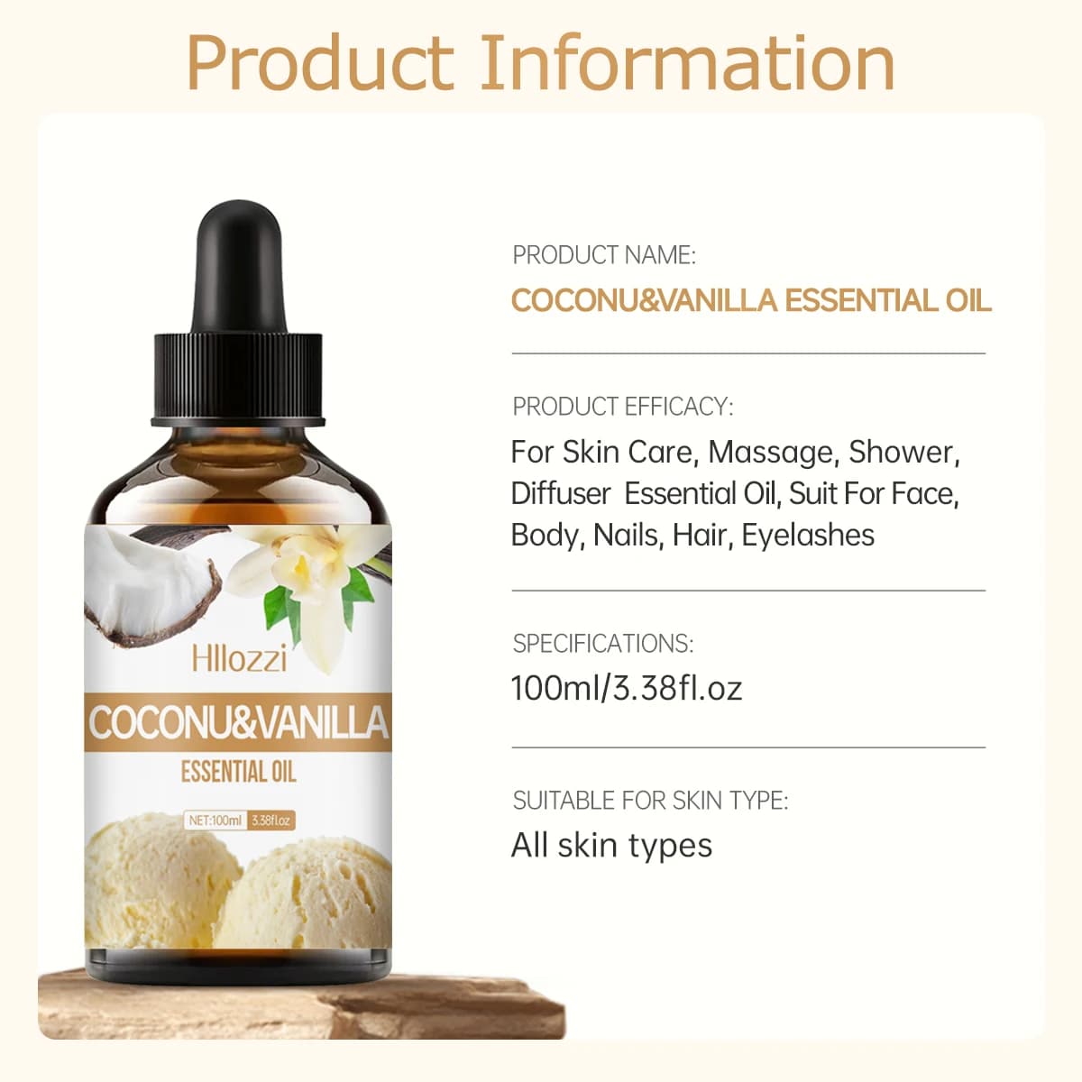 Huile essentielle de noix de coco et de vanille pour massage corporel
