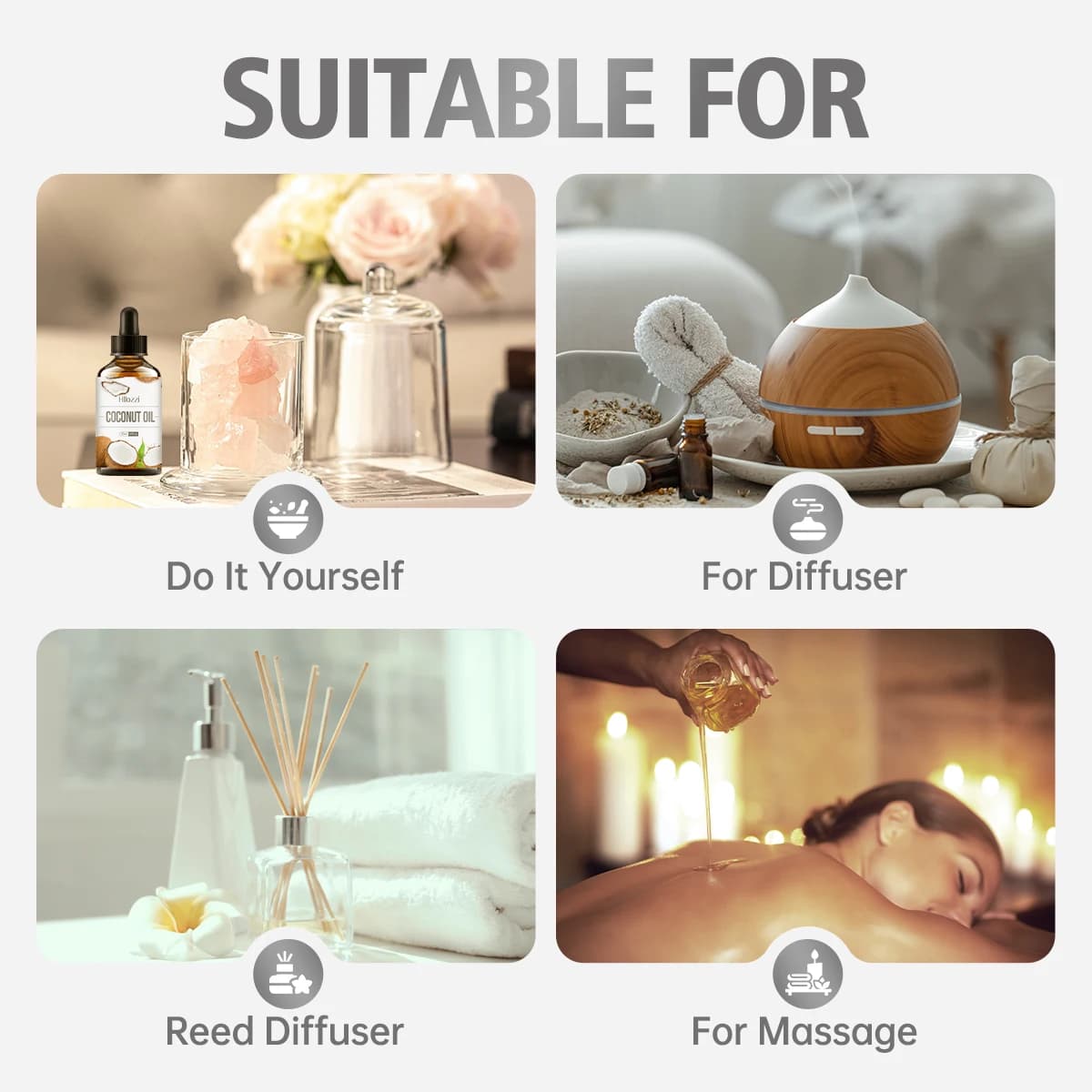 Huile essentielle de noix de coco adaptée au massage, diffuseur d'aromathérapie pour le visage, les poils et les cils, huile essentielle universelle
