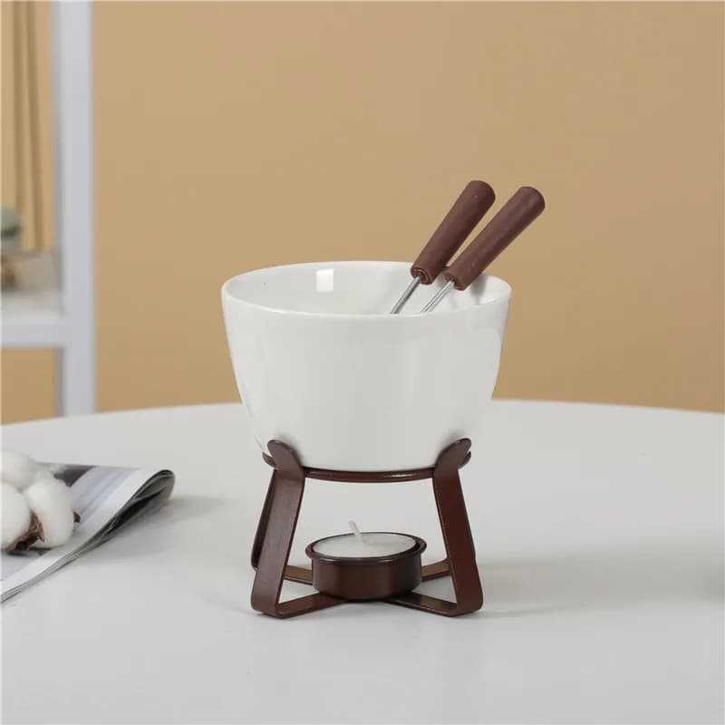 Ensemble de fondue au chocolat avec fourchettes - Pot à fondue en céramique pour chocolat, fromage, beurre, avec chauffe-plat pour fêtes et réunions
