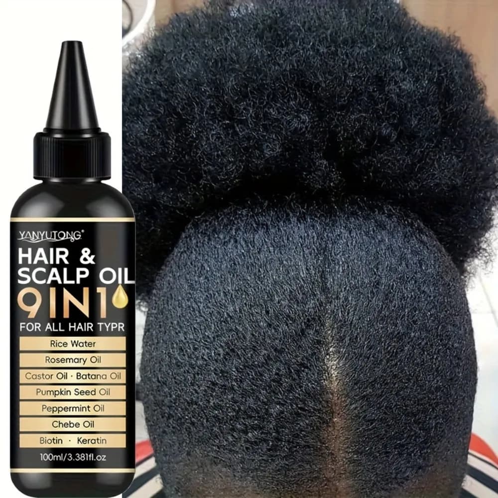 Huile capillaire 9 en 1 qui répare les racines des cheveux, nourrit et renforce les mèches, améliore les frisottis et les feuilles des cheveux doux et brillants.