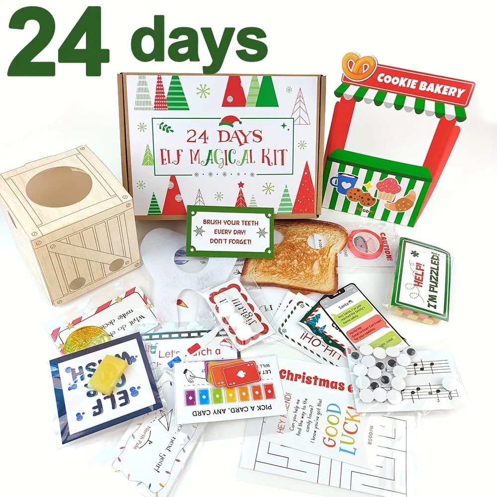 Kit elfe 24 jours avec 24 accessoires d'elfe et 12 activités d'elfe-calendrier de compte à rebours d'elfe de noël avec maison d'elfe, nourriture d'elfe, artisanat et jeux d'elfe