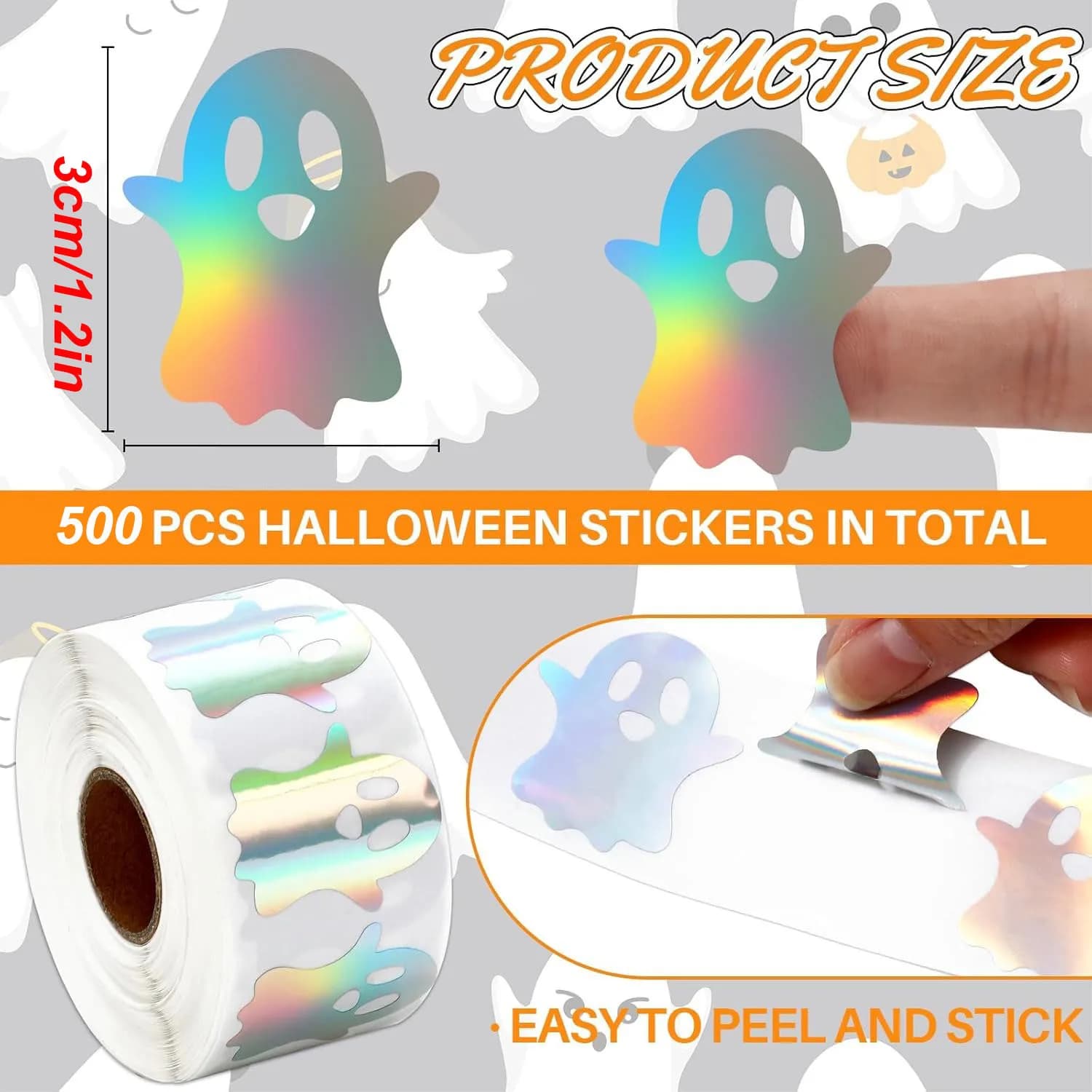 Rouleau d'autocollants fantômes d'halloween, 500 pièces, autocollants Laser fantôme, autocollants décoratifs en papier auto-adhésifs pour cadeaux de fête d'halloween
