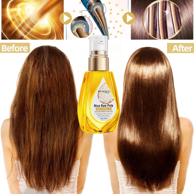 Huile essentielle pour les cheveux à base de purée de riz, après-shampoing lissant et réparateur, utilisé pour améliorer les cheveux crépus, abîmés, à pointes fourchues et secs.