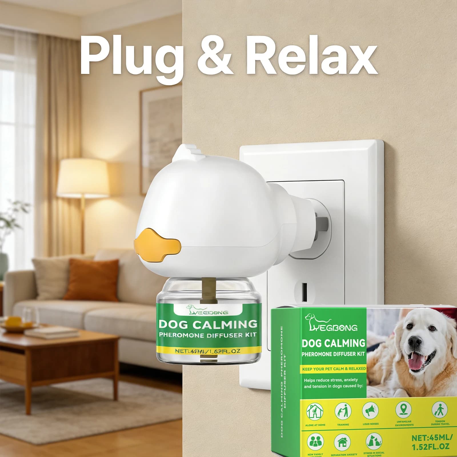 Kit diffuseur apaisant pour chien, relaxation, anti-anxiété, prévention du stress environnemental, prévention de l'incontinence urinaire, liquide apaisant pour animaux de compagnie