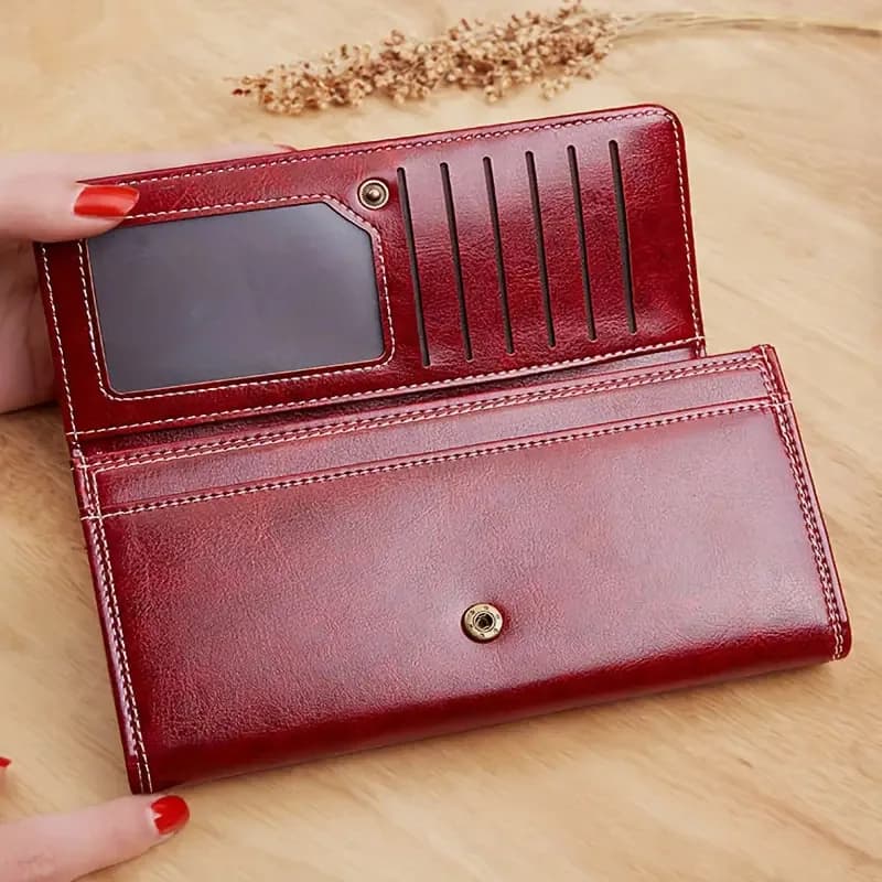 Portefeuille Long en cuir ciré à l'huile pour femmes, pince à billets rétro, grande capacité, pochette, porte-carte, haute qualité