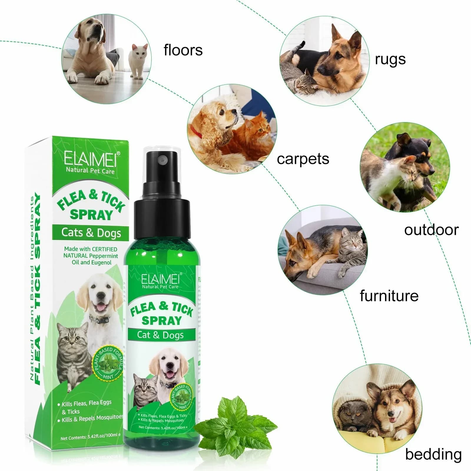Spray toique naturel pour animaux de compagnie, 100ml, pour chiens et chats, avec parfum frais, huile de menthe poivrée et Eugenol