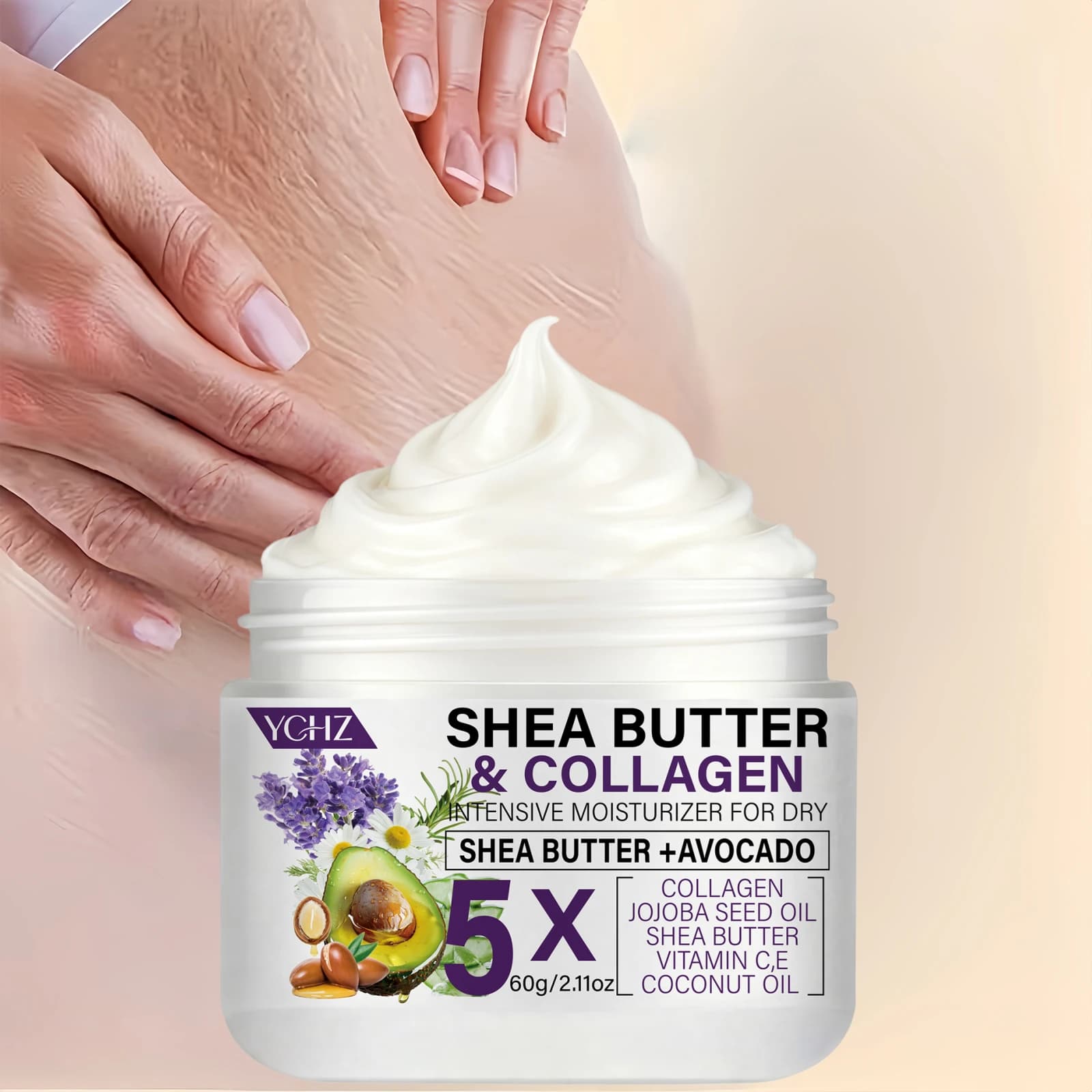 Crème raffermissante au beurre de karité et au collagène, crème raffermissante beige clair, adaptée aux cuisses, aux fesses, aux bras, à l'abdomen - et lotion pour le corps - 60G