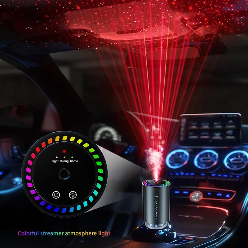 Diffuseur de parfum pour voiture avec pulvérisation automatique, en alliage d'aluminium, éliminateur d'odeurs avec lumière d'ambiance ciel étoilé coloré