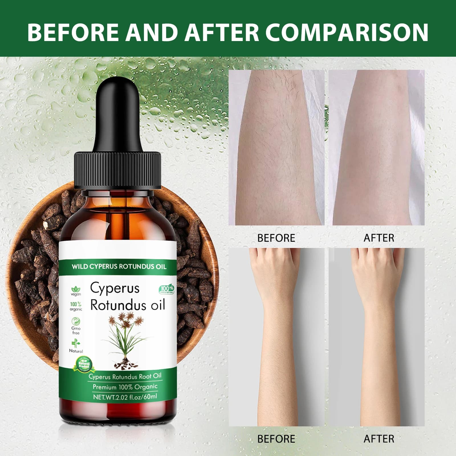 Huile de racine biologique Wild Cyrperus Rotundus (herbe aux noix) 60 ml - Huile faciale végétalienne naturelle pour une peau apaisante, apaisante et nourrissante.