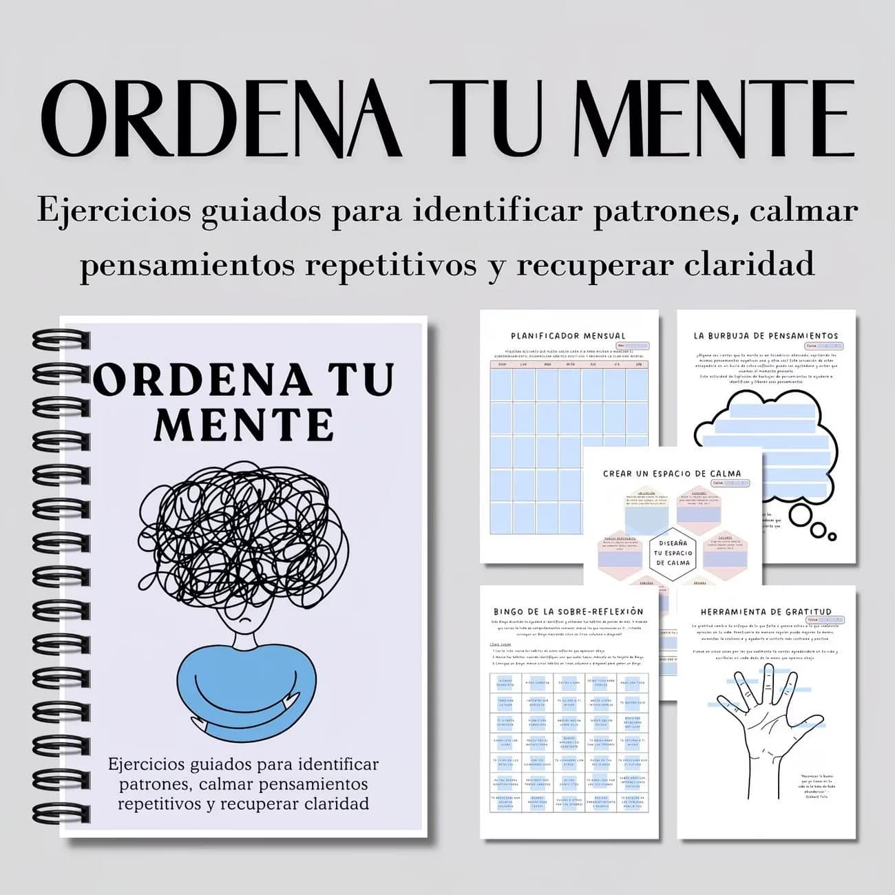 ORDENA TU MENTE Journal de réflexion guidée, Cahier de travail sur la santé mentale en espagnol, Exercices de pleine conscience pour la réduction du stress, Livre d'autofaisceuillement