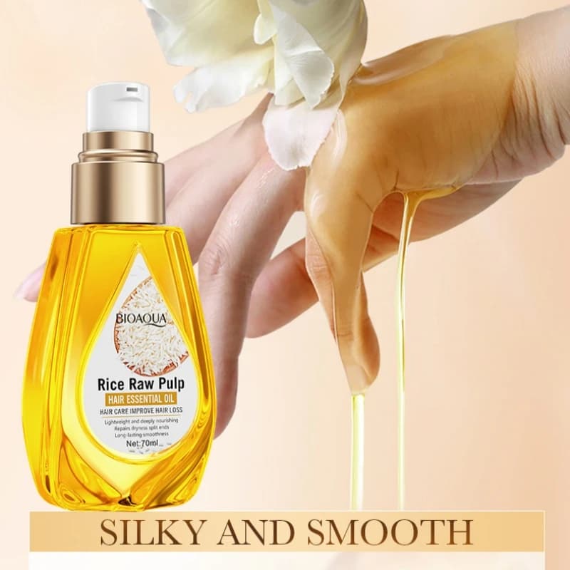 Huile Essentielle pour Cheveux à la Pulpe de Riz 70ml, Texture Fraîche, Facile à Absorber, Non Grasse, Nourrit Profondément les Cheveux, Rend les Cheveux Doux et Lisses, Facile à Peigner. Pas peiné qu
