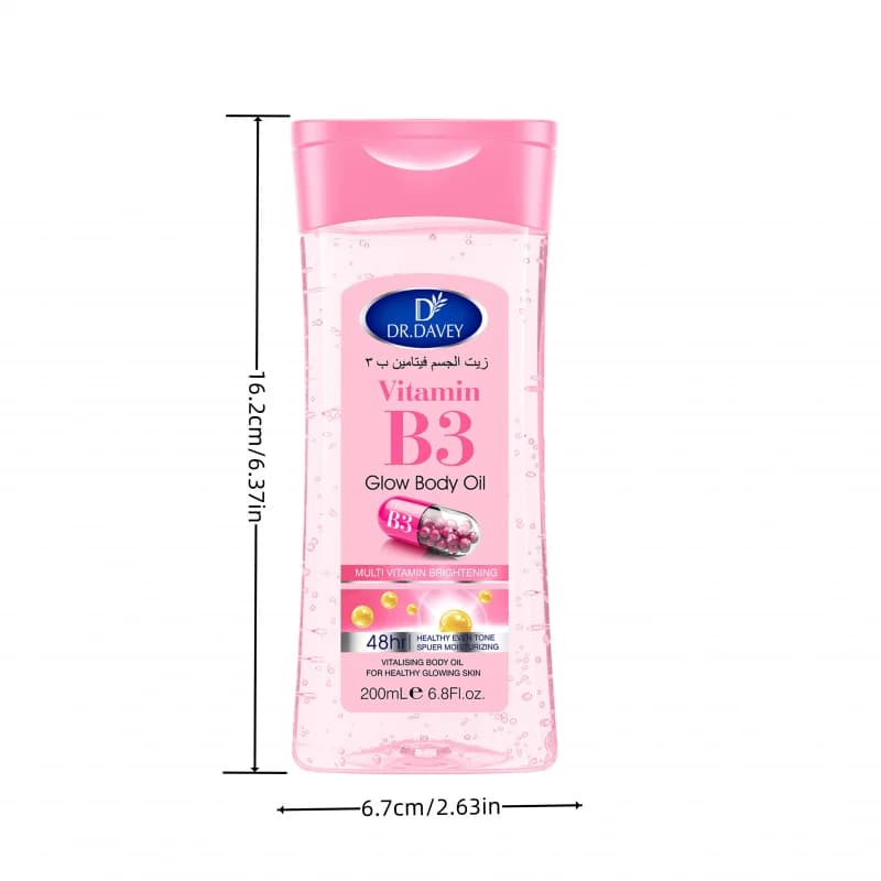 DR.DAVEY Huile Corporelle Éclatante à la Vitamine B3 200ml – Huile de Massage Nourrissante pour Tous Types de Peau, Contient de la Glycérine – Fonctionnement Essentiel