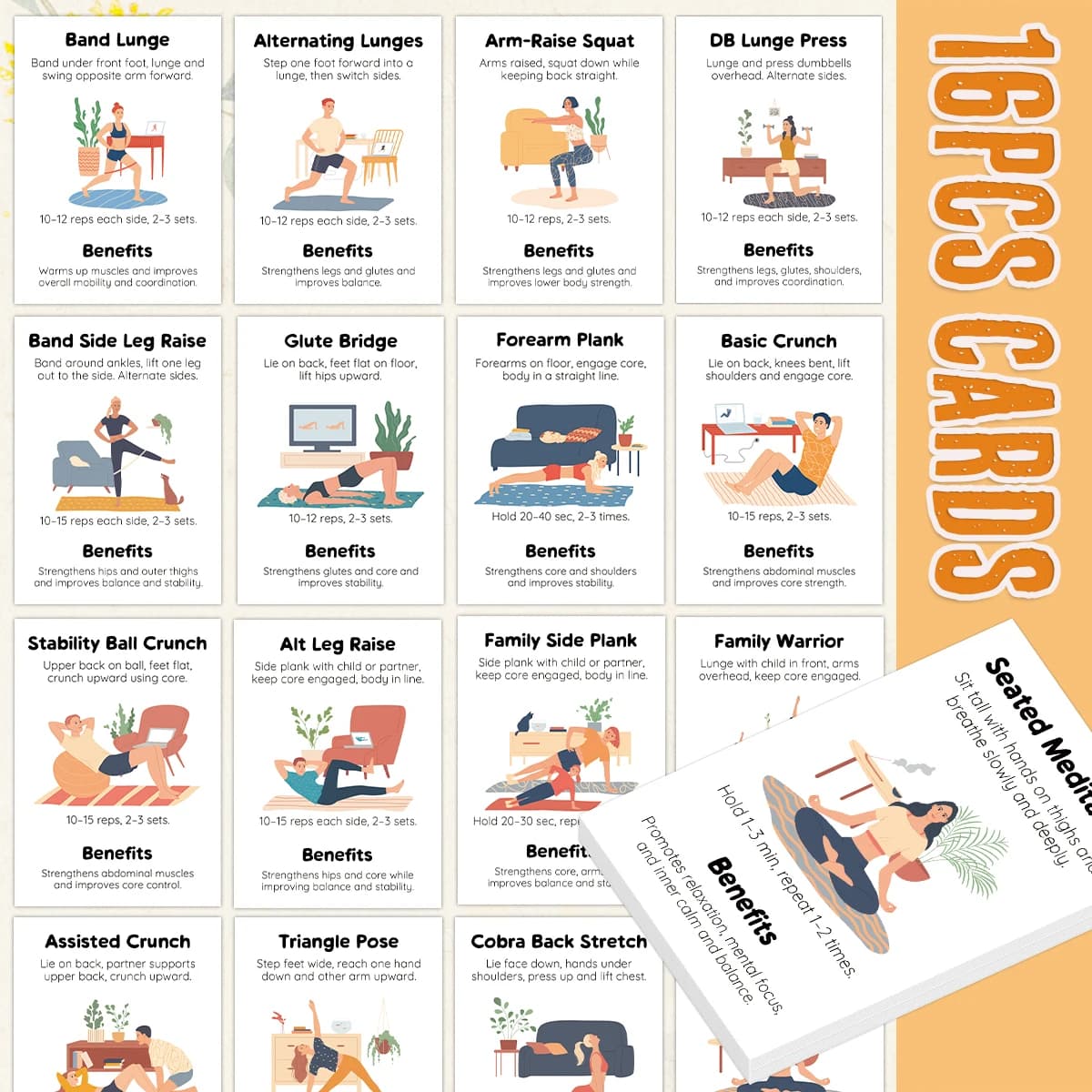 16 cartes d'exercices pour entraînement à domicile, guide illustré avec instructions, flashcards de fitness portables pour l'entraînement, le yoga, cadeau de fitness