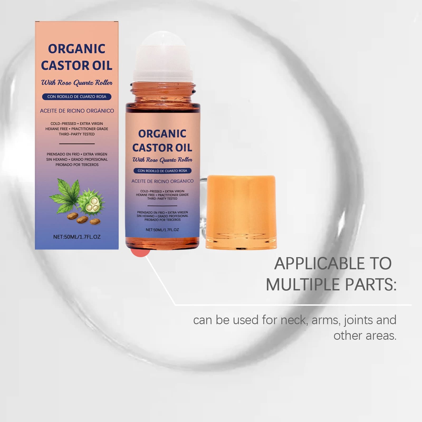 Bille d'essence apaisante à l'huile de ricin avec rouleau en quartz rose – Huile