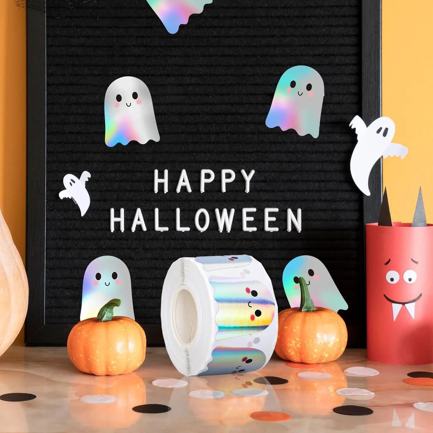 Rouleau d'autocollants fantômes d'Halloween, 500 pièces, autocollants laser fantômes, autocollants décoratifs en papier auto-adhésifs pour fête mignonne de trick or treat